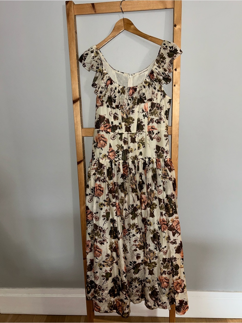 Ulla Johnson CORETTA Cream Floral Pleated Neckline Midi Dress